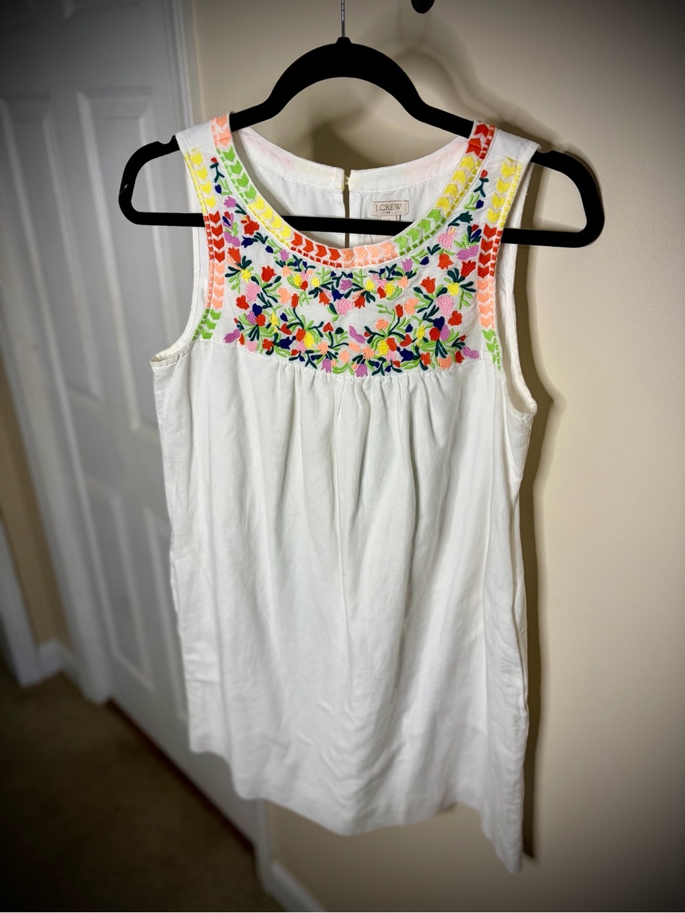 J. Crew White Sleeveless Dress with Multicolor Floral Embroidery #1169